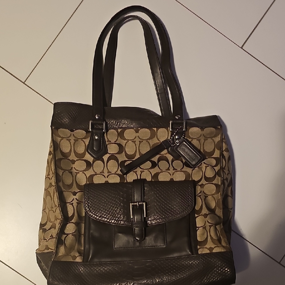 Coach Brown Signature Canvas Tote with Dark Leather Trim